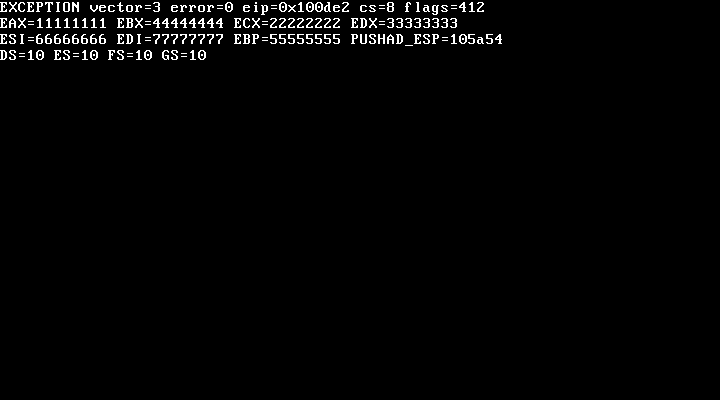 INT3 返回后在 probe_restored 暂停的 VGA 现场