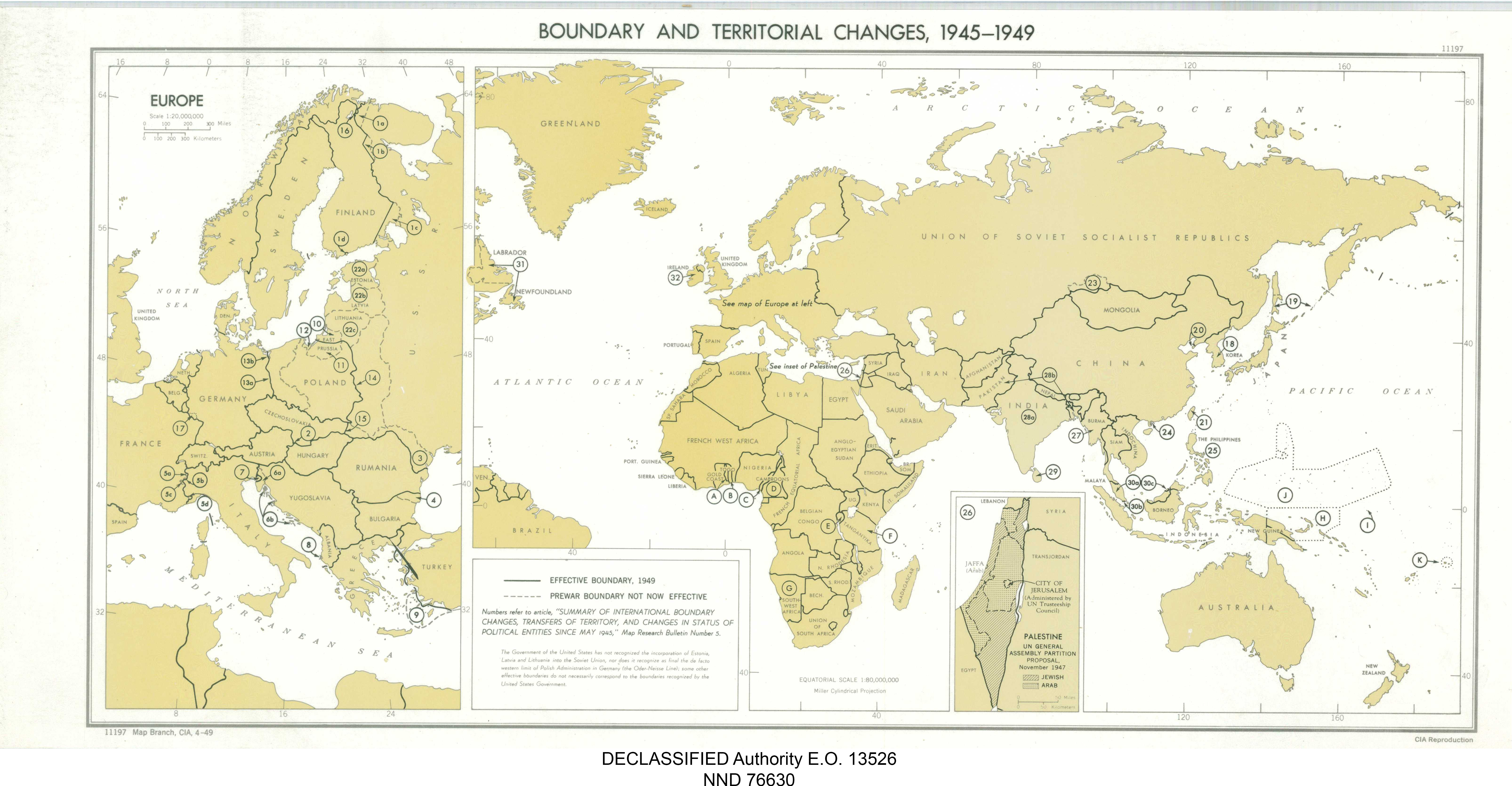 图1:欧洲1945—1949年边界与领土变化,附世界位置图